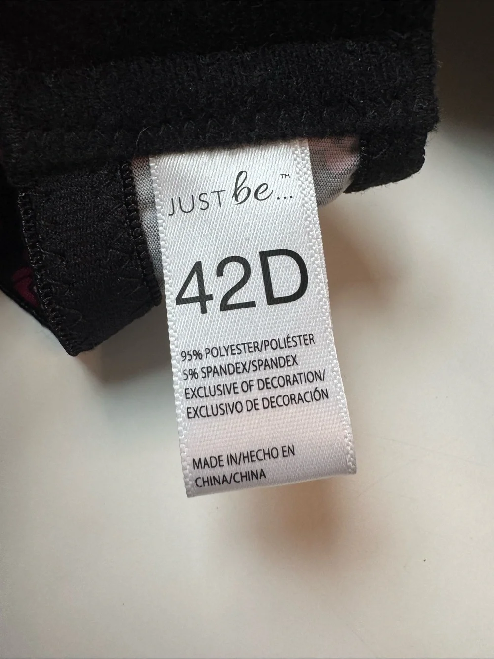Just‎ Be Women’sbra Size 42 D Black with lace trim and bow. Floral pattern